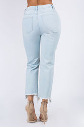 American Bazi Women's High Waist Distressed Raw Hem Jeans - Stylish Cotton Denim